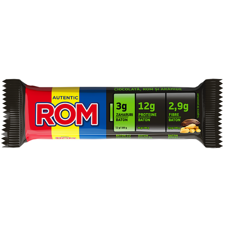 Baton proteic cu ciocolata si crema de rom cu arahide, 41 g, Rom