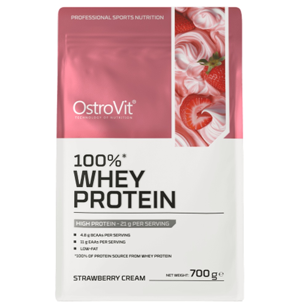 Proteina din zer cu aroma de capsuni Whey Protein Chocolate Strawberry Cream, 700 g, OstroVit