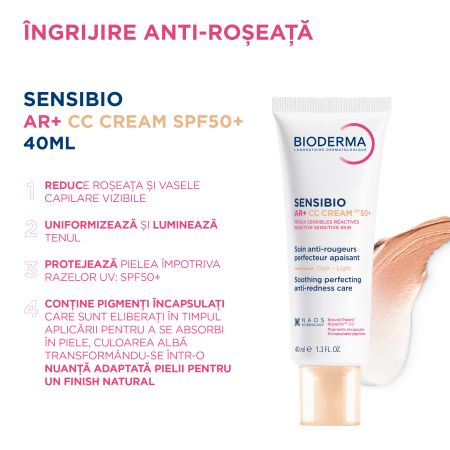 Crema CC pentru piele sensibila cu factor de protectie SPF50+, nuanta Light Tint Sensibio AR+, 40 ml, Bioderma 694203