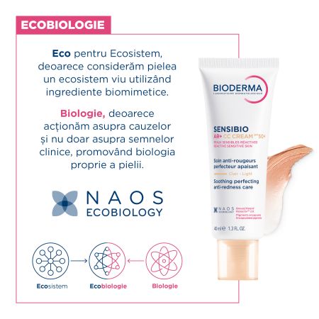 Crema CC pentru piele sensibila cu factor de protectie SPF50+, nuanta Light Tint Sensibio AR+, 40 ml, Bioderma 694199