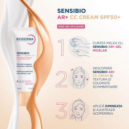 Crema CC pentru piele sensibila cu factor de protectie SPF50+, nuanta Light Tint Sensibio AR+, 40 ml, Bioderma 694204