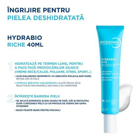 Crema intens hidratanta pe baza de apa Hydrabio Riche, 40 ml, Bioderma 694248