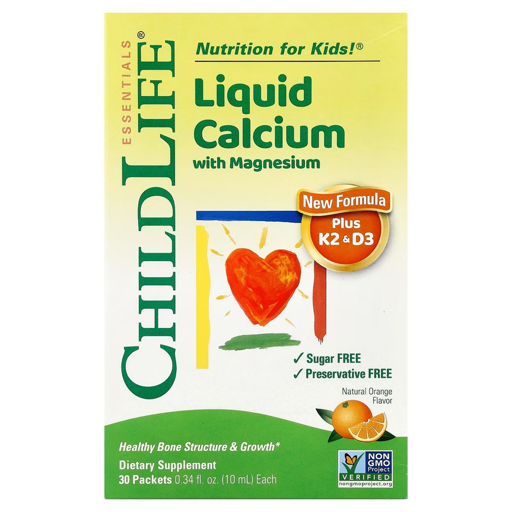 Calciu lichid cu Magneziu + K2 si D3 pentru copii Childlife Essentials, 30 plicuri, Secom