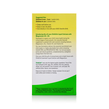 Calciu lichid cu Magneziu + K2 si D3 pentru copii Childlife Essentials, 30 plicuri, Secom 726084