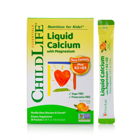 Calciu lichid cu Magneziu + K2 si D3 pentru copii Childlife Essentials, 30 plicuri, Secom