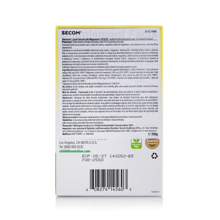 Calciu lichid cu Magneziu + K2 si D3 pentru copii Childlife Essentials, 30 plicuri, Secom 726086