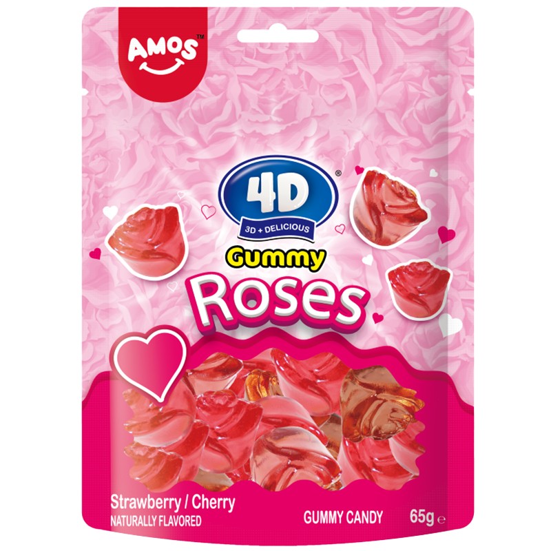 Jeleuri cu capsuni 4D Fruit Gummy Roses Strawberry, 65 g, Amos