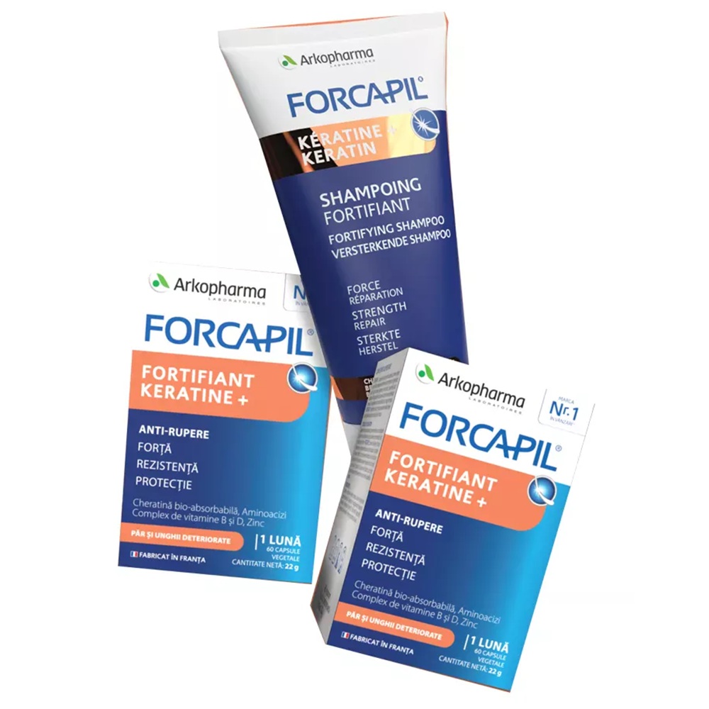 Pachet Forcapil anti-rupere Fortifiant Keratine 2x60 capsule + Sampon fortifiant pentru par deteriorat Forcapil Keratine+ 200 ml, Forcapil