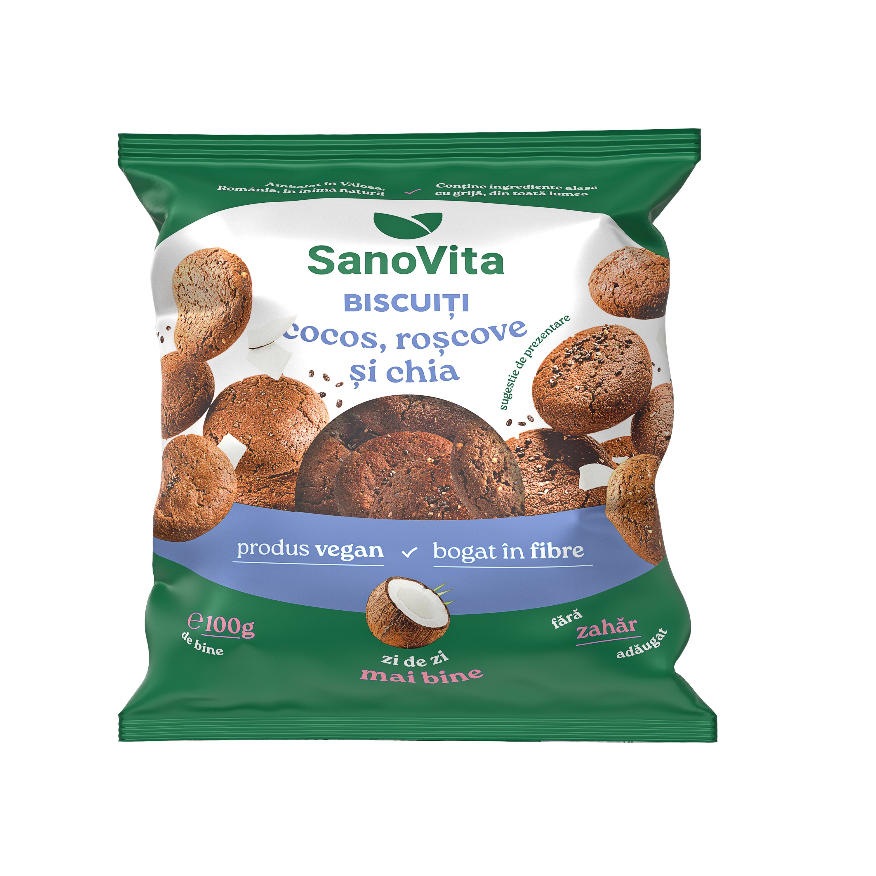 Biscuiti cu Cocos, Roscove si Chia, 100 g, Sanovita