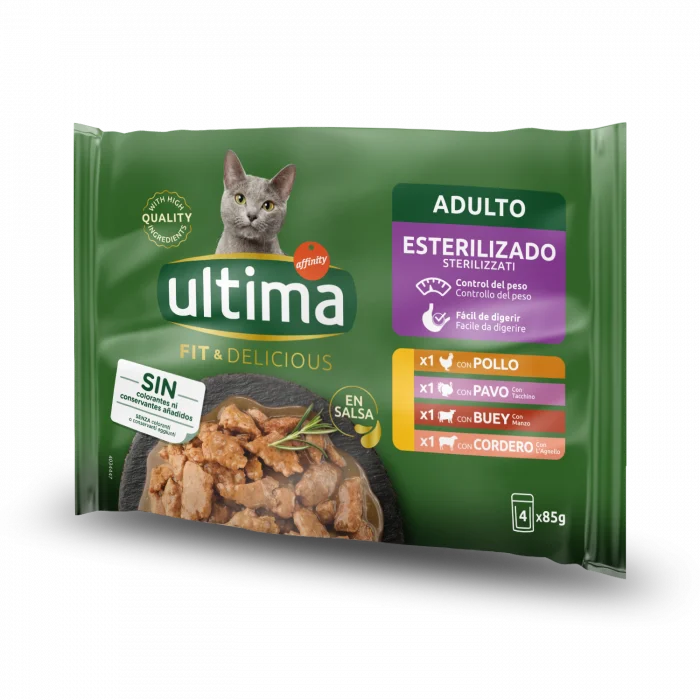 Mix de hrana umeda cu 4 tipuri de carne pentru pisici sterilizate, 4x85 g, Ultima