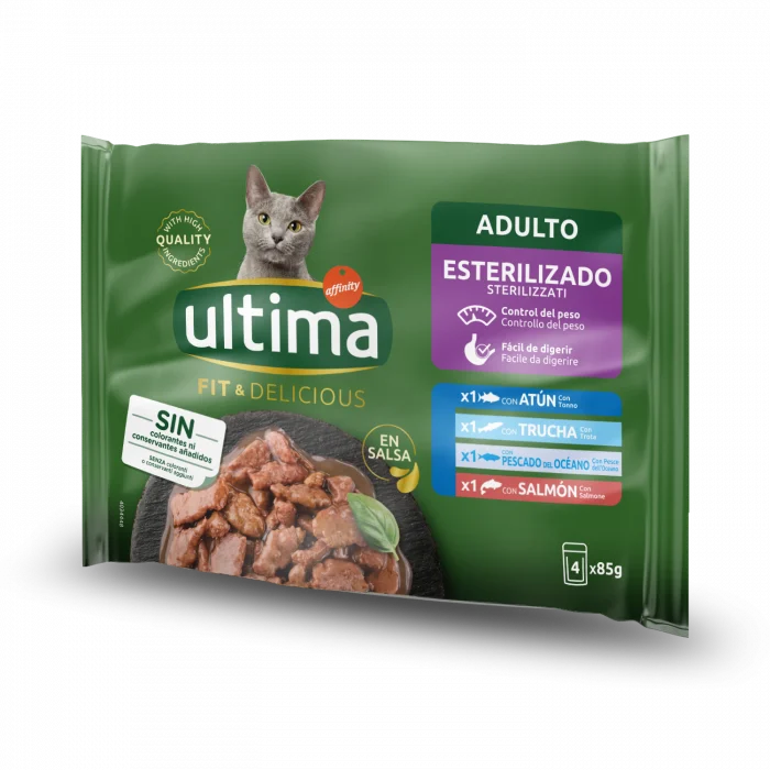 Mix de hrana umeda cu 4 tipuri de peste pentru pisici sterilizate, 4x85 g, Ultima