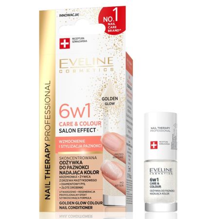 Tratament pentru unghii 6 in 1 Nuanta Golden Glow Nail Therapy  Care & Colour, 5 ml, Eveline Cosmetics