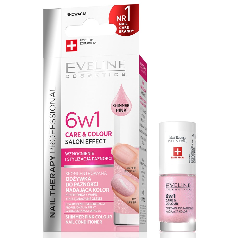 Tratament pentru unghii 6 in 1 Nuanta Pink Nail Therapy  Care & Colour, 5 ml, Eveline Cosmetics