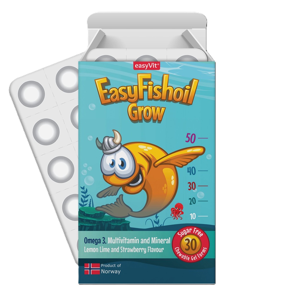 Omega 3, multivitamine si minerale pentru copii Easy Fishoil Grow, 30 comprimate masticabile, EasyVit