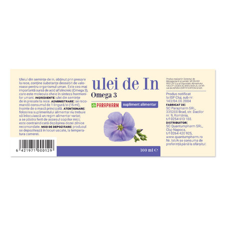 Ulei de in cu Omega 3, 100 ml, Parapharm 690298