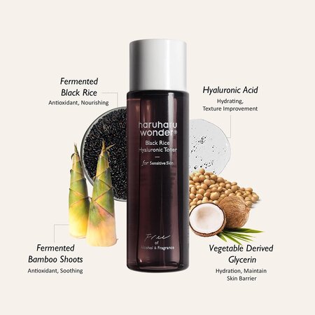 Toner de fata hidratant pentru pielea sensibila fara alcool Black Rice Hyaluronic, 30 ml, Haruharu Wonder 696801