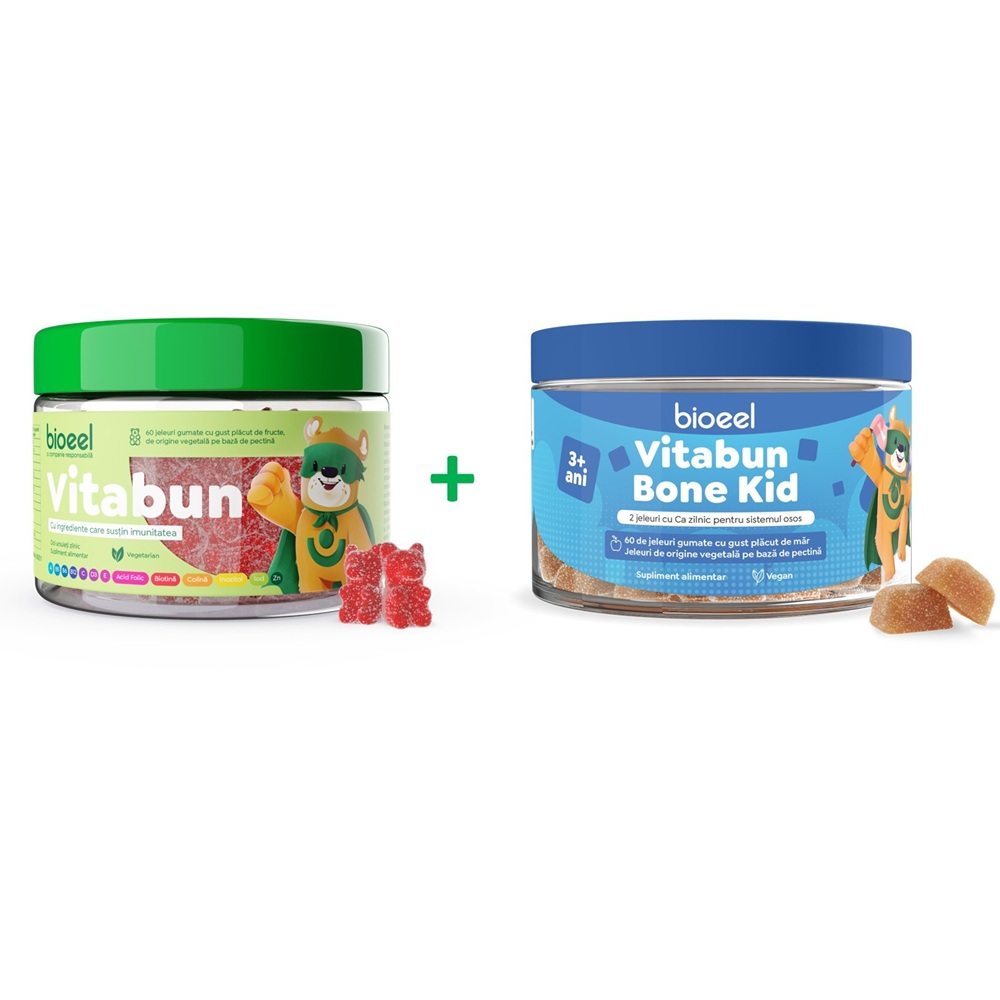 Jeleuri cu multivitamine Vitabun, 60 bucati + Jeleuri gumate cu calciu Vitabun Bone Kid, 60 bucati, Bioeel