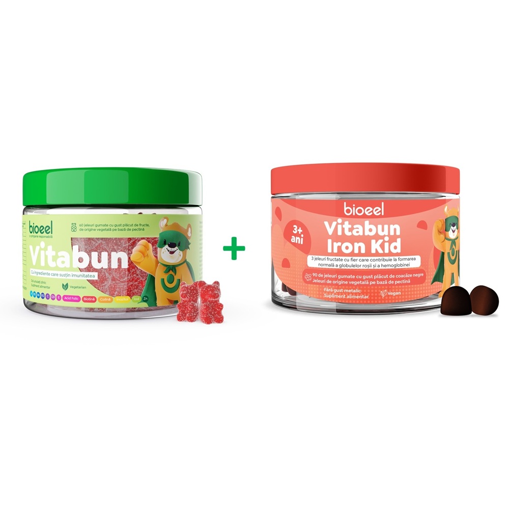 Jeleuri cu multivitamine Vitabun, 60 bucati + Jeleuri fructate cu fier Vitabun Iron Kid, 90 bucati, Bioeel