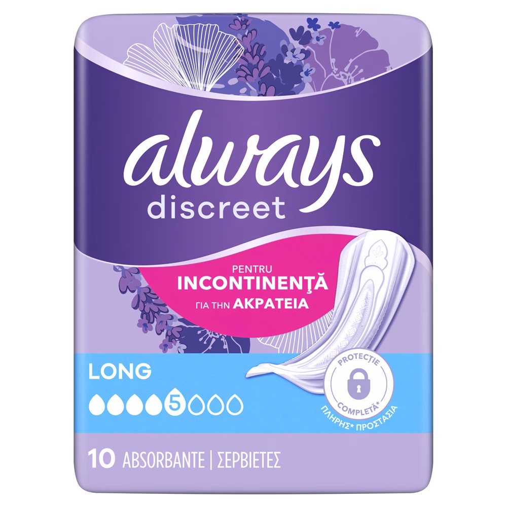 Absorbante zilnice pentru incontinenta urinara Discreet, Long, 10 bucati, Always