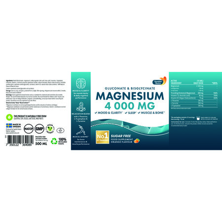 Magneziu Lichid 4000 mg Gluconate si Bisglicinat, 500 ml, Swedish Nutra 698203