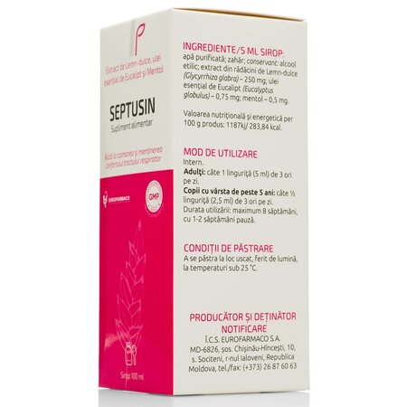 Sirop cu extract de lemn dulce, ulei esential de eucalipt si mentol Septusin, 100 ml, Eurofarmaco 704619