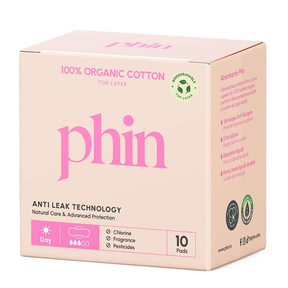 Absorbante de zi din bumbac organic, 10 bucati, Phin
