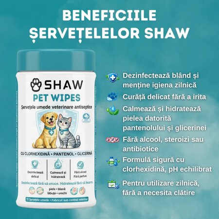 Servetele umede antiseptice cu clorhexidina pentru caini si pisici, 72 bucati, Shaw 698253