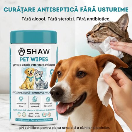 Servetele umede antiseptice cu clorhexidina pentru caini si pisici, 72 bucati, Shaw 698252