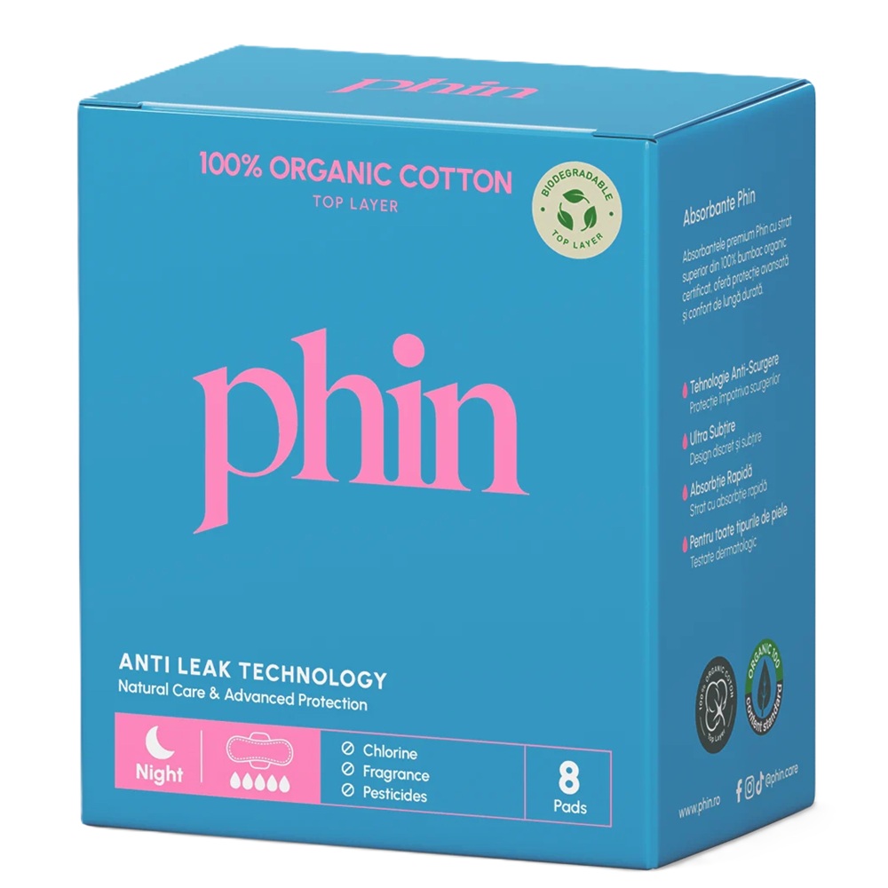 Absorbante de noapte din bumbac organic, 8 bucati, Phin