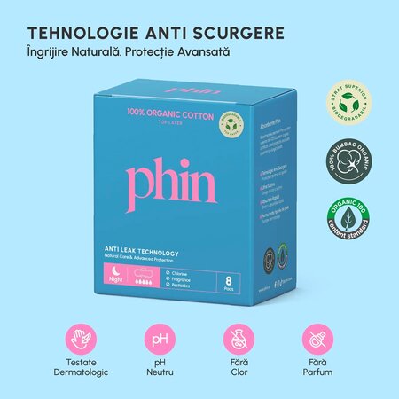 Absorbante de noapte din bumbac organic, 8 bucati, Phin 698277
