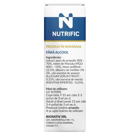 Spray cu manuka, propolis, albastru de metilen si uleiuri esentiale, 30 ml, Nutrific 699091