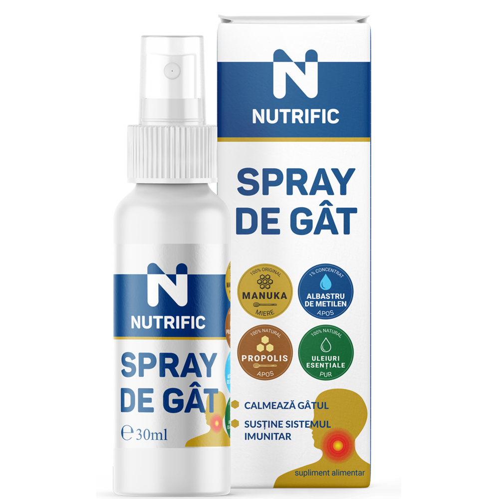Spray cu manuka, propolis, albastru de metilen si uleiuri esentiale, 30 ml, Nutrific