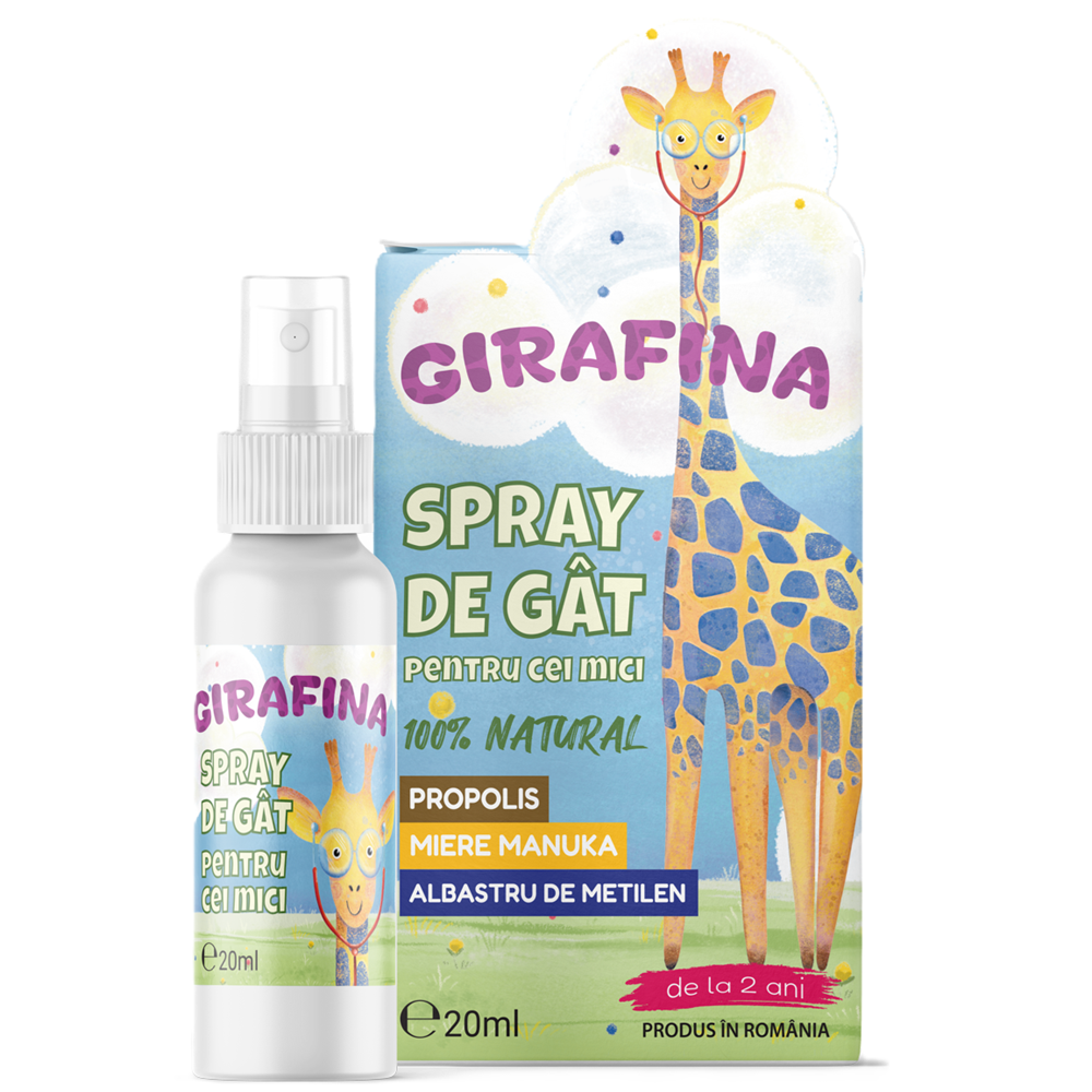 Spray cu manuka, propolis, albastru de metilen si uleiuri esentiale pentru copii Girafina, 20 ml, Nutrific