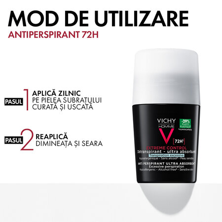 Pachet Deodorant roll-on antiperspirant pentru barbati Control Extrem 72H, 50 ml + 50 ml, Vichy 699395
