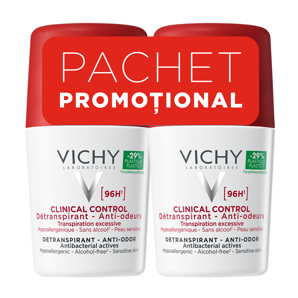Pachet Deodorant roll-on antiperspirant Clinical Control 96H, 50 ml + 50 ml, Vichy