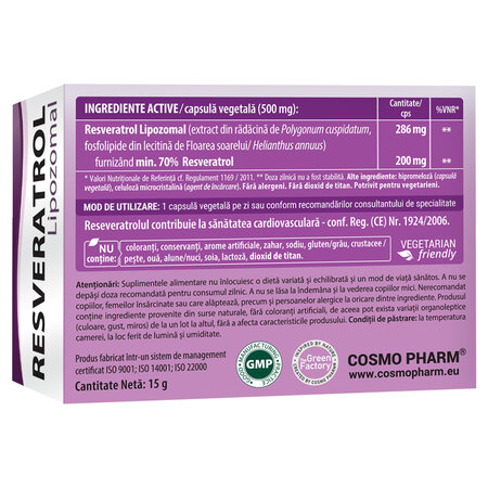 Resveratrol Lipozomal, 286 mg, 30 capsule, Cosmo Pharm 699546