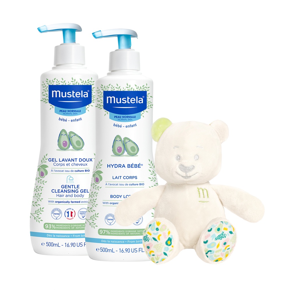 Pachet Gel de curatare delicat pentru par si corp 500 ml + Lotiune de corp Hydra Bebe 500 ml, Mustela