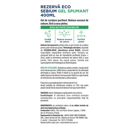 Rezerva eco gel spumant purifiant Sebium, 400 ml, Bioderma 701163