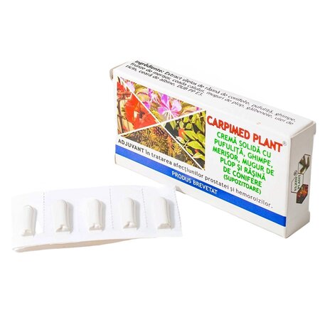 Crema solida cu extracte din plante si rasina din conifere Carpimed Plant, 10 supozitoare, Elzin Plant 701685