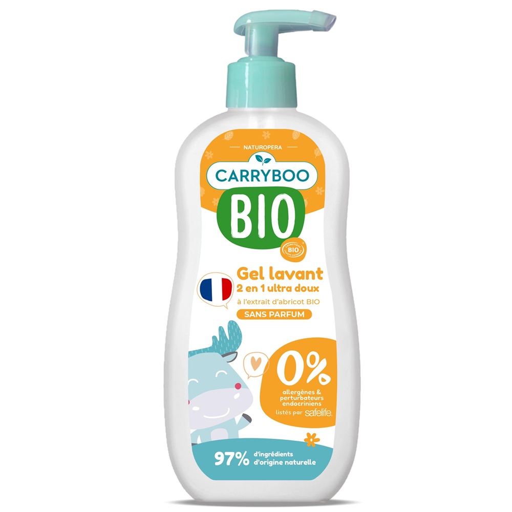 Sampon si gel dus 2 in 1 Bio pentru beleusi, fara parfum cu extract de caise, 500 ml, Carryboo