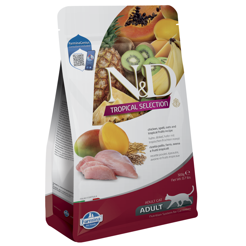 Hrana uscata cu pui si fructe tropicale pentru pisici N&D Tropical Selection, 300 g, Farmina