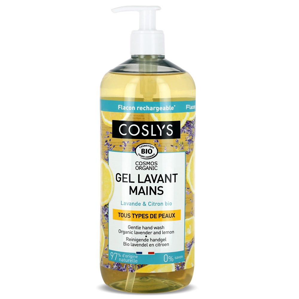 Gel Bio de curatare pentru maini fara sapun cu extract de lamaie si lavanda Cosmos Organic, 1000 ml, Coslys