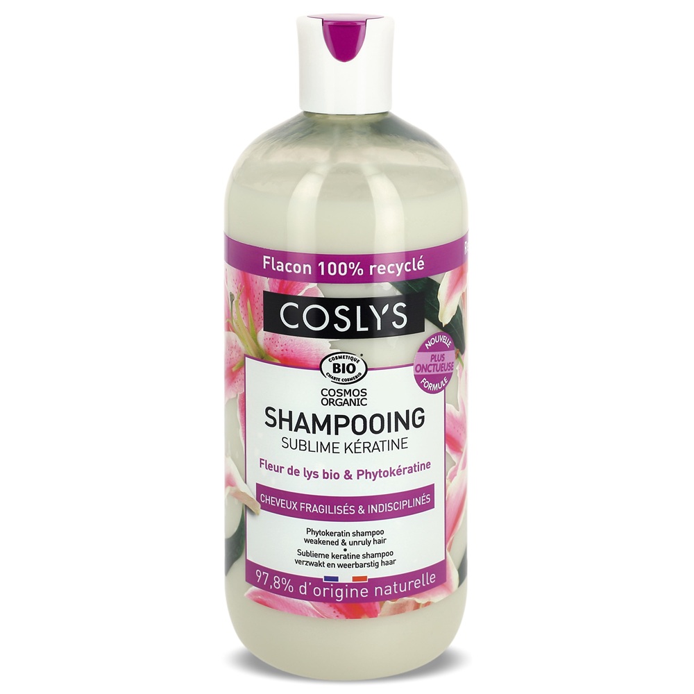 Sampon Bio pentru repararea parului slab si despicat cu crin si fitocheratina Cosmos Organic, 500 ml, Coslys