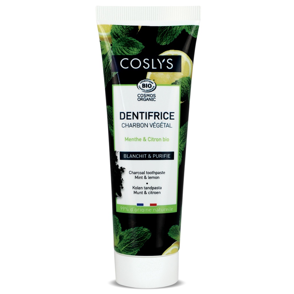 Pasta de dinti Bio pentru albire cu carbune vegetal, menta si lamaie Cosmos Organic, 100 g, Coslys