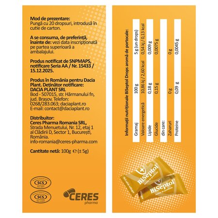 Dropsuri cu aroma de portocale Biseptol, 20 bucati, Dacia Plant 703070