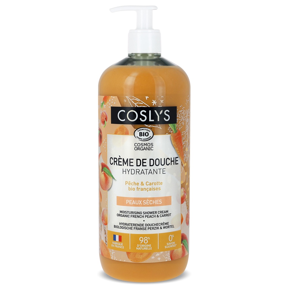 Crema de dus Bio hidratanta cu piersici si morcovi Cosmos Organic, 1000 ml, Coslys