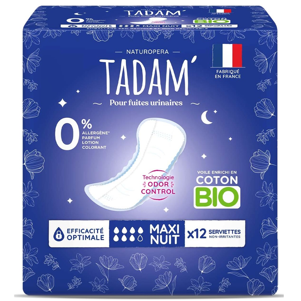 Absorbante de noapte Bio pentru incontinenta urinara usoara si moderata Maxi, 12 bucati, Tadam