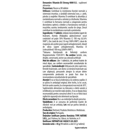 Vitamina D3 Strong, 4000 UI, 90 tablete, Naturmil 707325