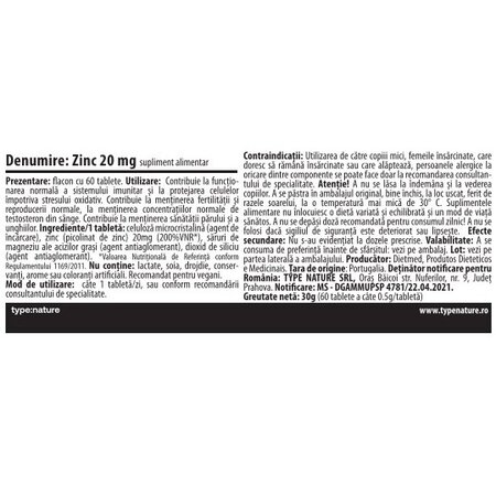 Zinc picolinat, 20 mg, 60 tablete, Naturmil 707324