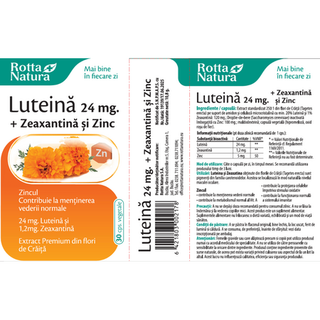 Luteina 24 mg + Zeaxantina si Zinc, 30 capsule vegetale, Rotta Natura 705156